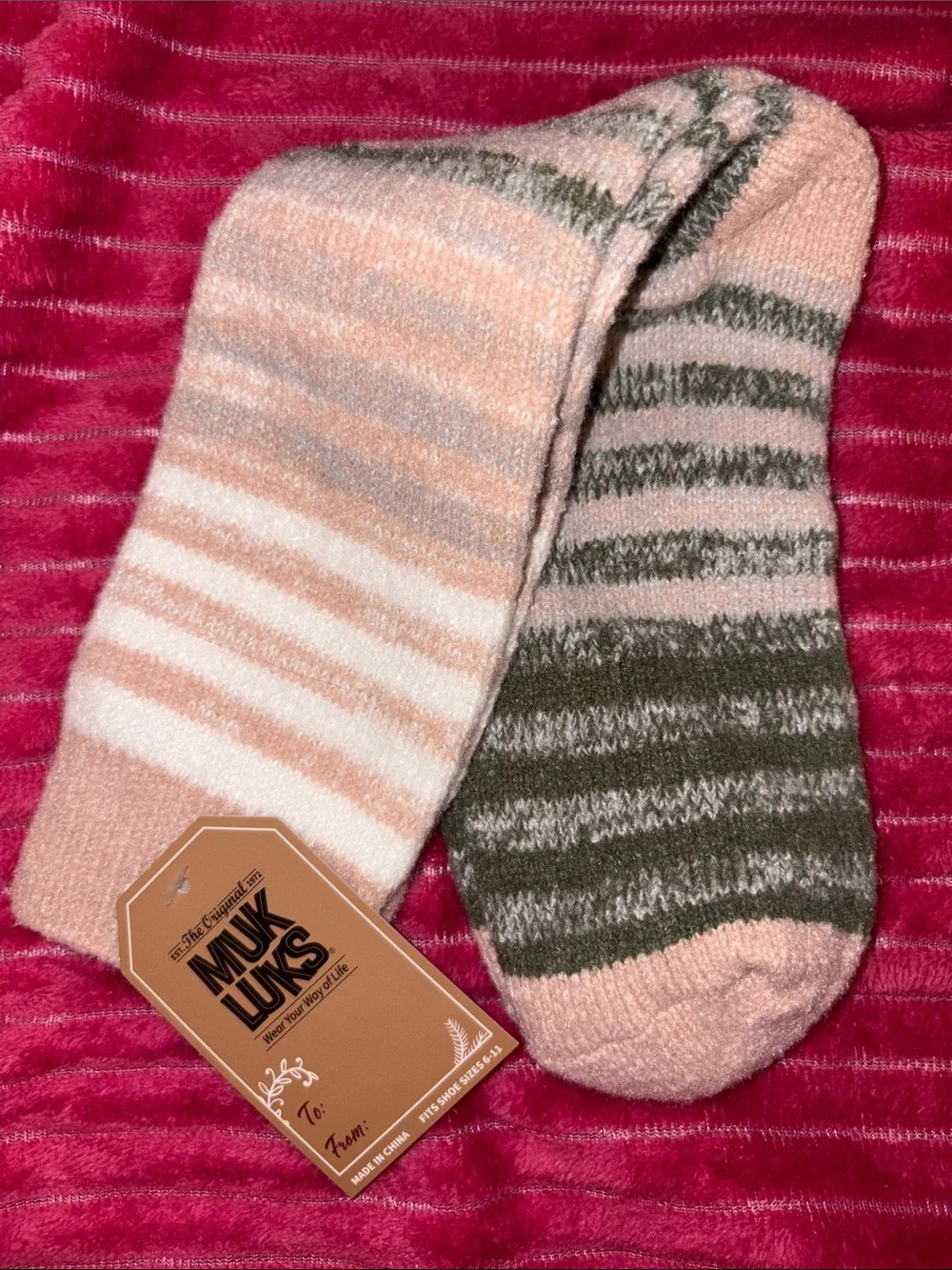 Muk Luks Pink & Olive Striped Cozy Crew Socks Size 6-11